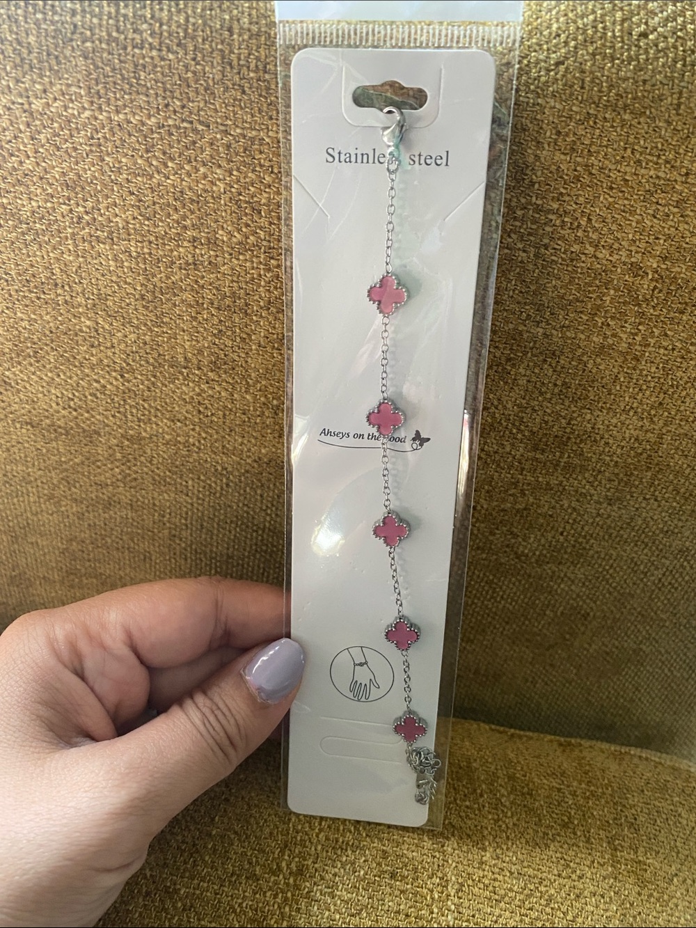Stainless Steel Pink Clover Link Bracelet